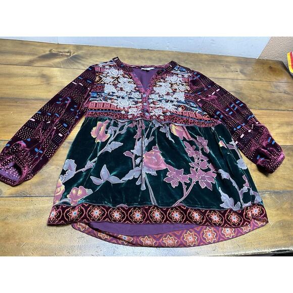 John Mark Top Womens Small Red Black Velvet Embroidered Sheer Popover Lined - Picture 1 of 11